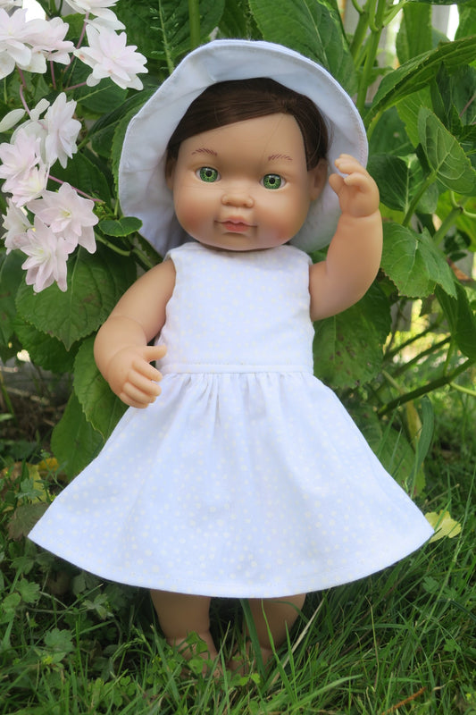 Doll dress and hat, white, 30cm doll