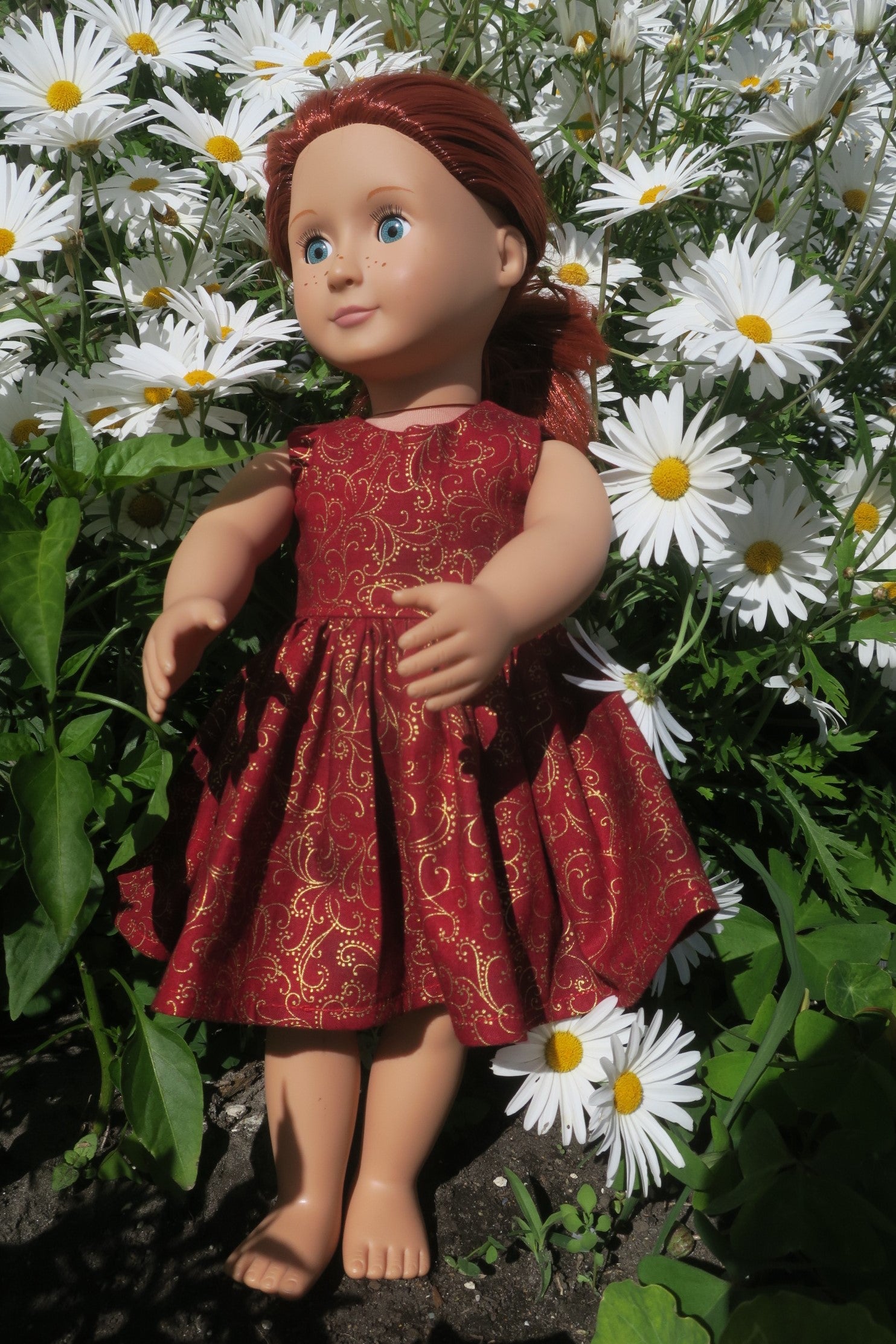 Doll dress, red, gold swirls, 46cm Our Generation doll – Stella and Maisie